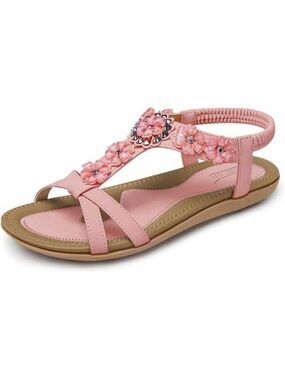 Womens Pink Flat Sandals Dressy Summer Boho Ankle Strap Comfort Walking Shoe